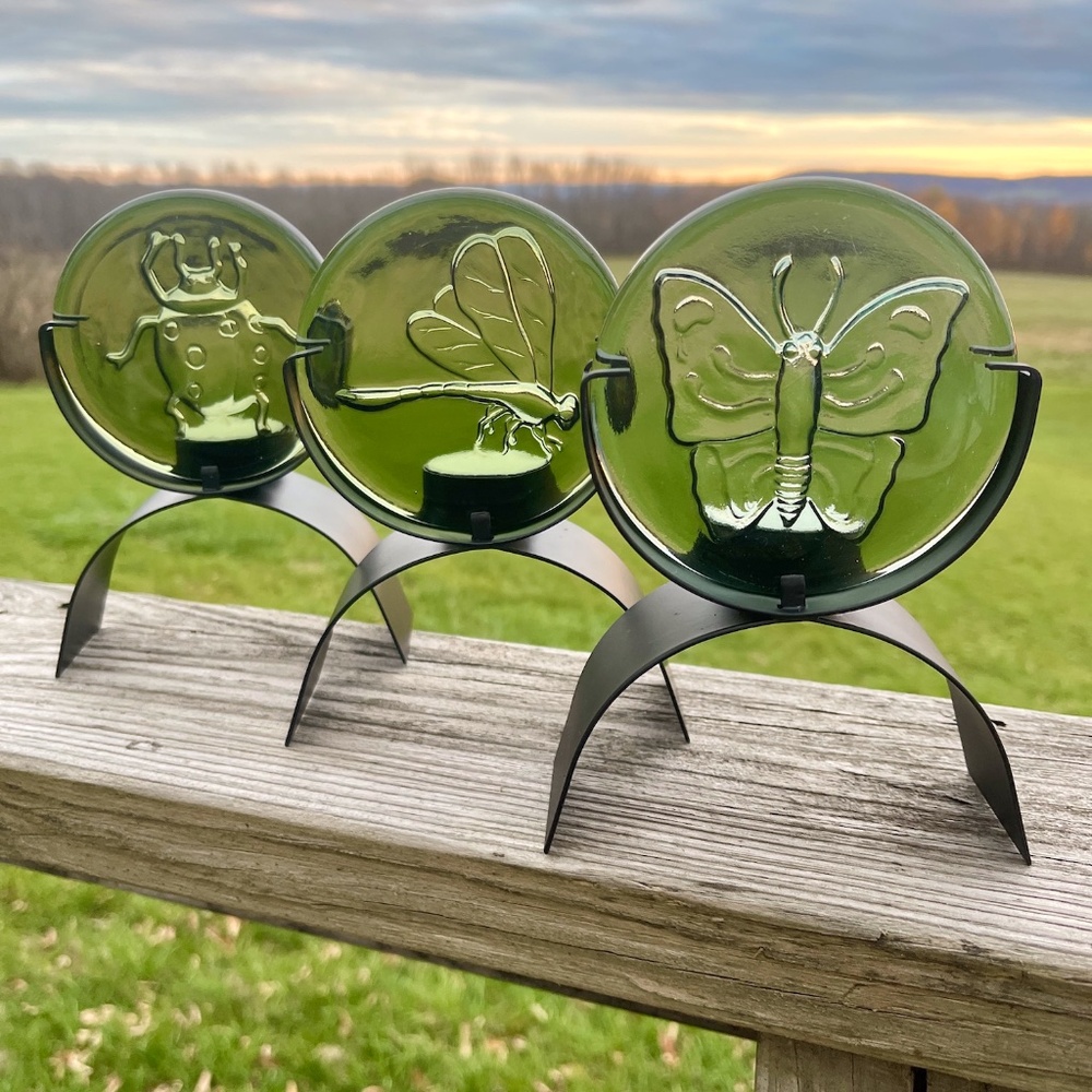 SET of 3 CASABLANCA CANDLE HOLDER - 4 In Round Glass BUTTERFLY DRAGONFLY LADYBUG